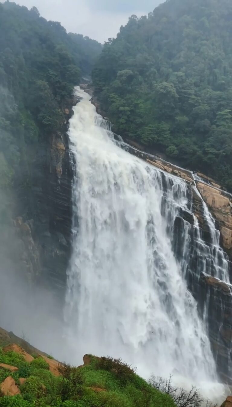 Misty morning view of Unchalli Falls with fog and cool atmosphere