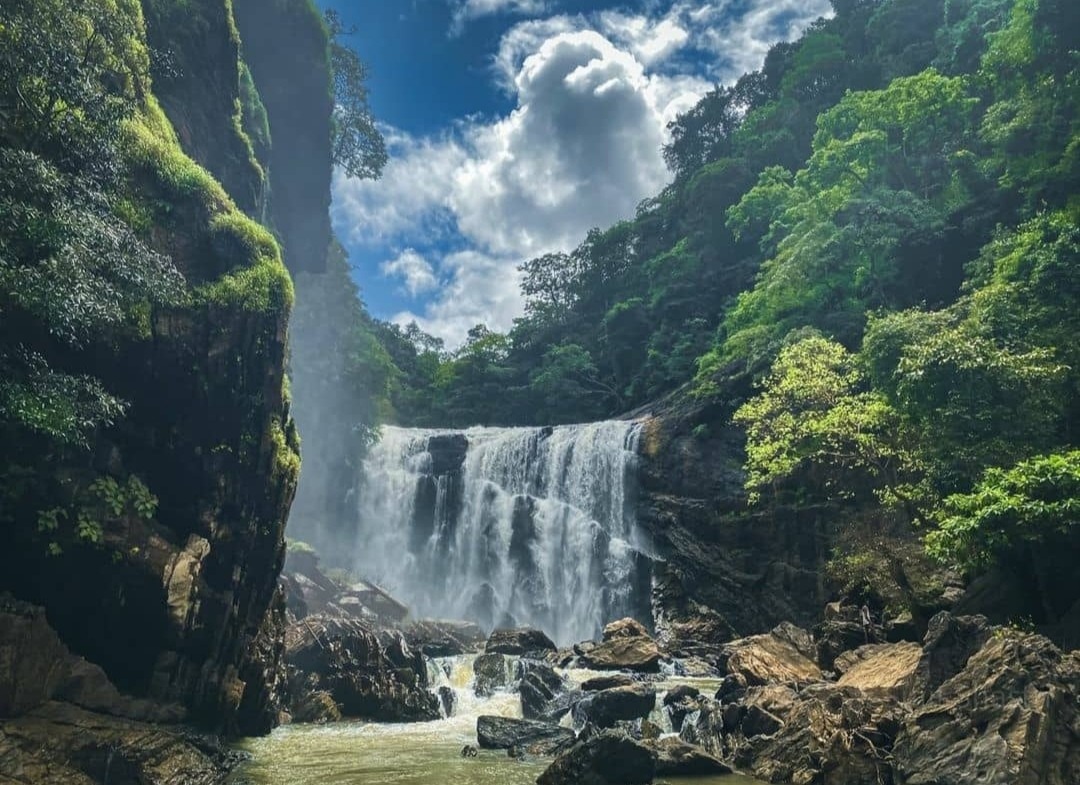 Wide-angle shot of Sathodi Falls nestled in untouched greenery