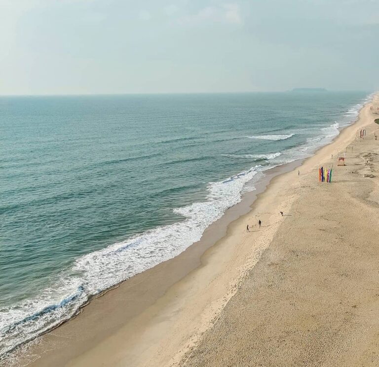 Scenic aerial view of Apsarakonda Beach with golden sands, lush greenery, and turquoise waters in Karnataka, India