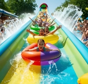 JoynJoyy waterpark visitors enjoying a thrilling waterslide ride with twists and turns under the sun