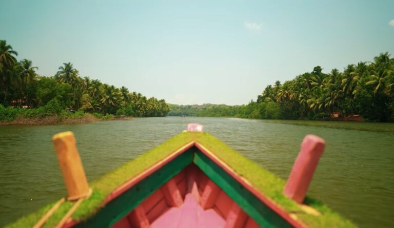 Aerial shot of a narrow water channel in the Sharavathi backwaters.