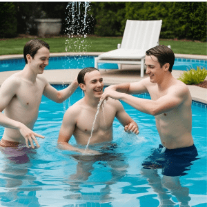 Visitors enjoying a swim and relaxing in the clear blue swimming pool at JoynJoyy waterpark