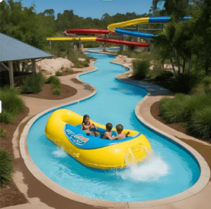Guests floating and laughing on tubes along the winding Lazy Crazy River at JoynJoyy waterpark